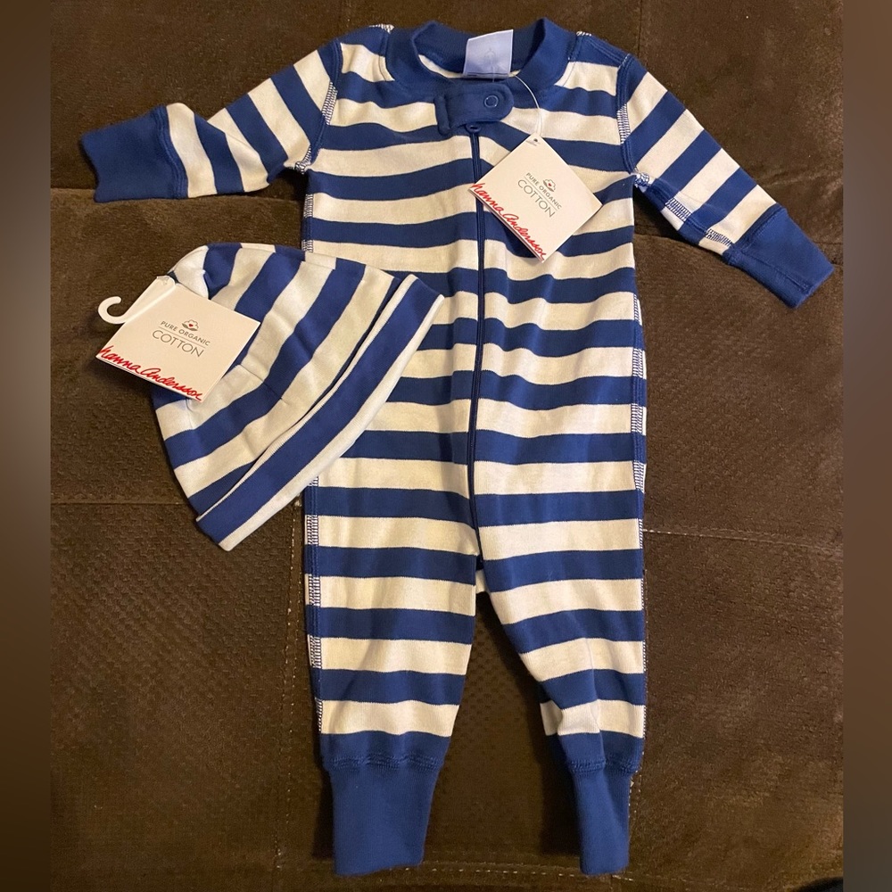 NWT Hanna Andersson Blue Striped Romper and Hat Set